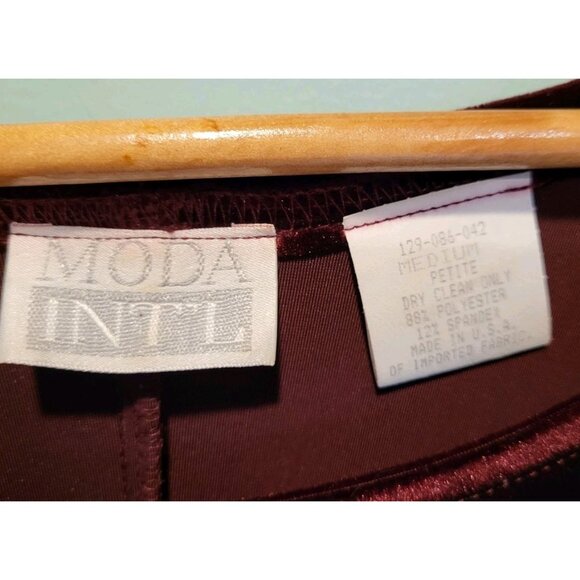 Vtg Burgundy Stretch Velvet Long Sleeve Holiday Dress Moda International Sz Mp - Picture 5 of 5